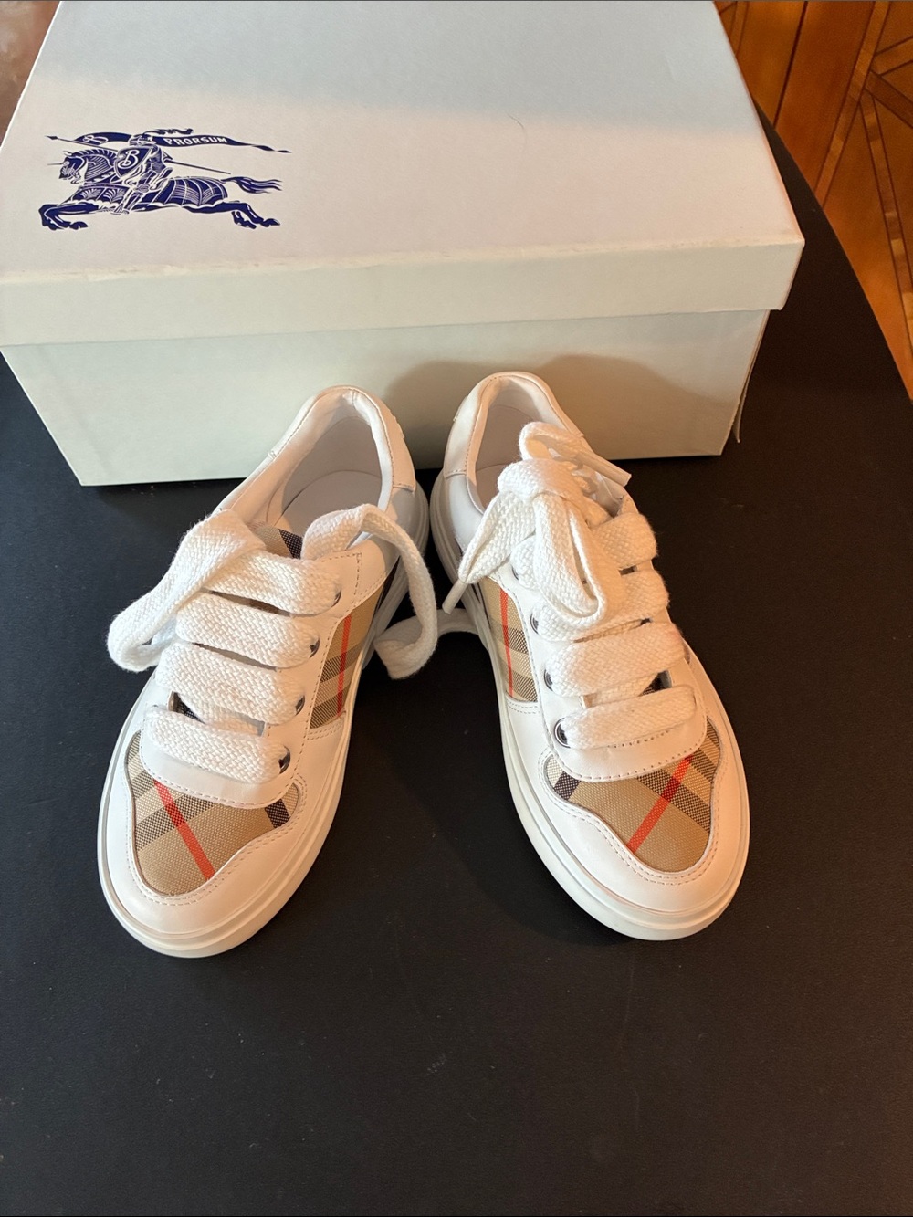 Burberry White Sneakers with Beige Check Accent for Kids